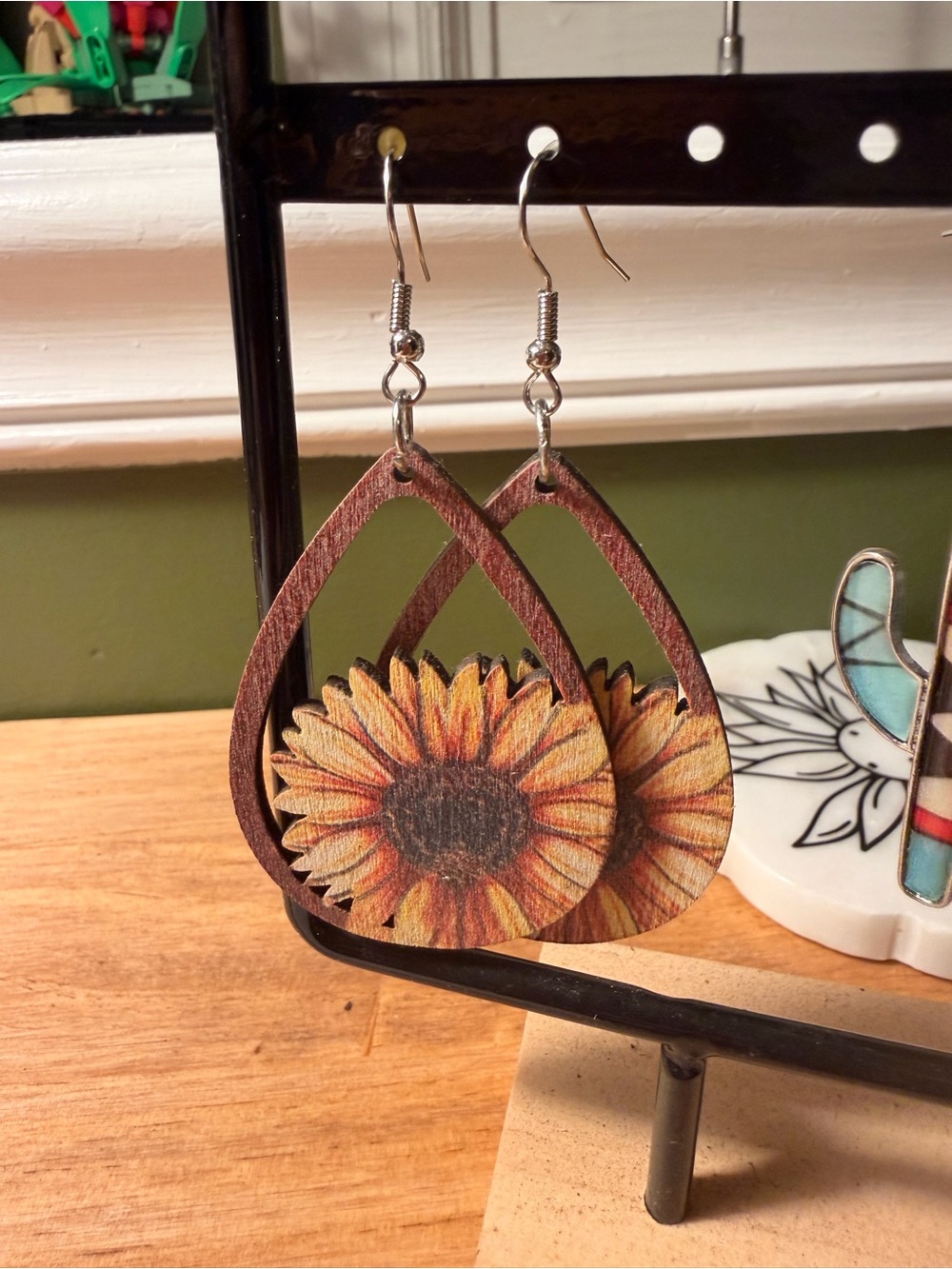 Sunflower Teardrop Wooden Earrings - Yellow Brown - Picture 1 of 1